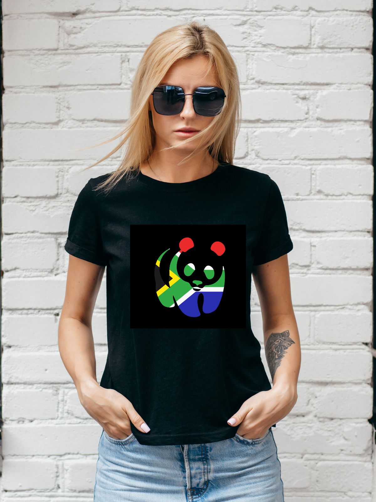 South African Flag Panda Unisex Black T-Shirt