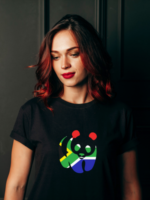 South African Flag Panda Unisex Black T-Shirt