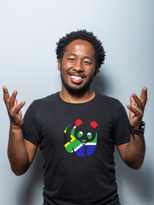 South African Flag Panda Unisex Black T-Shirt