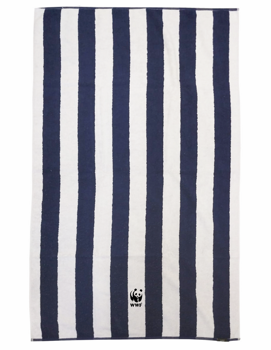 A navy and white striped beach towel with a WWF logo on the bottom corner.