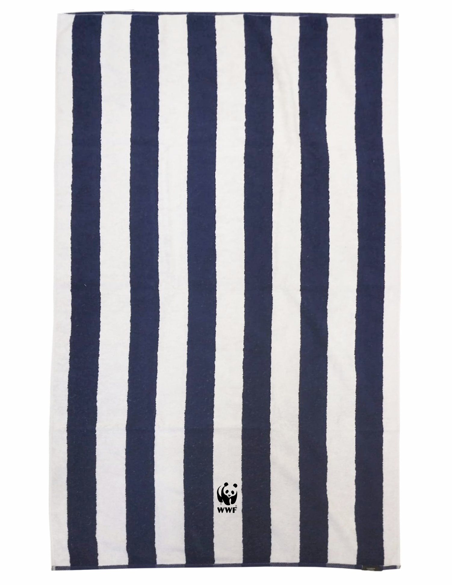 A navy and white striped beach towel with a WWF logo on the bottom corner.