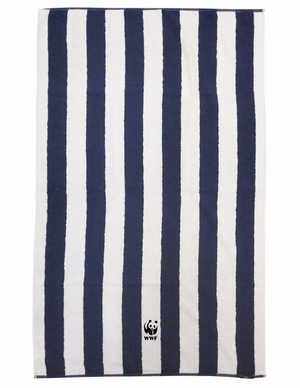 A navy and white striped beach towel with a WWF logo on the bottom corner.